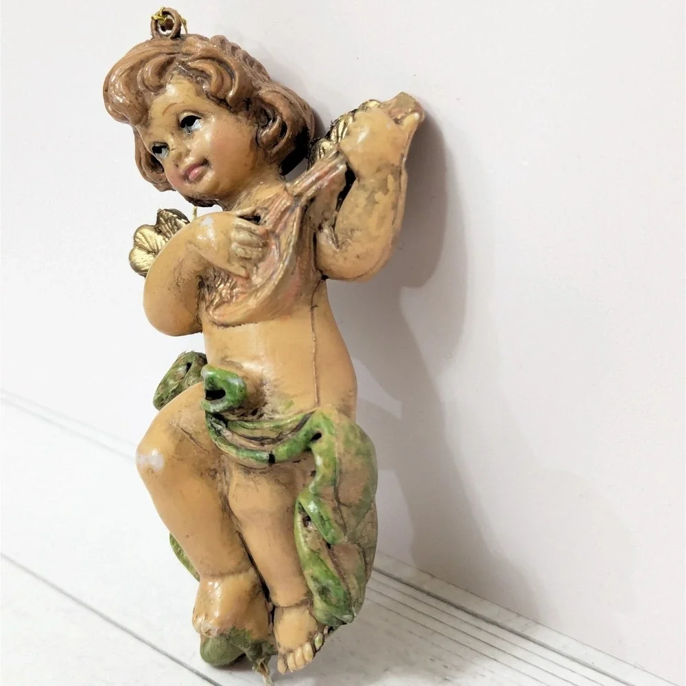 Vintage Baroque Angel Cherub w/Mandolin Blowmold Figure Christmas Ornament